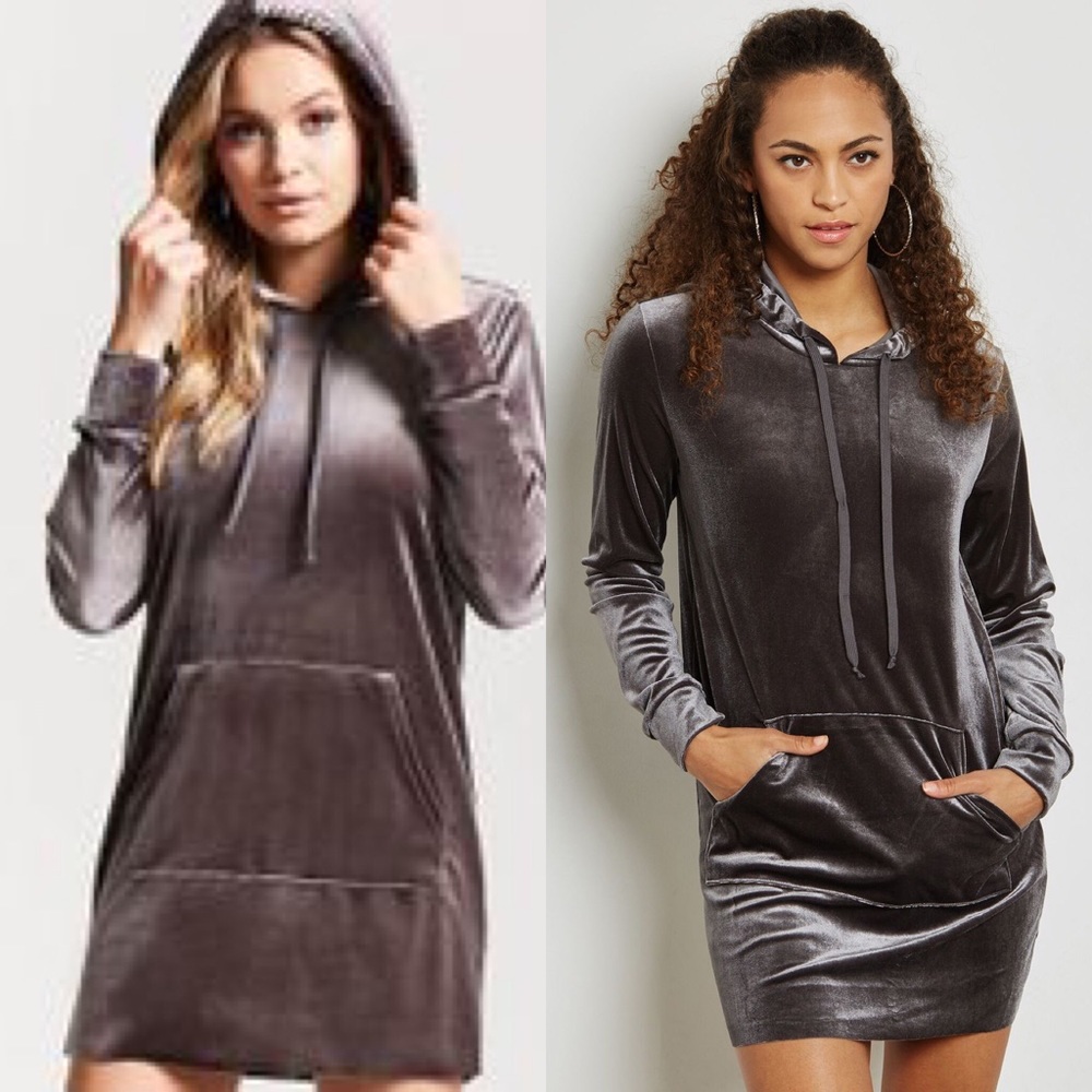 EUC Forever21 gray stretch velvet hooded dress